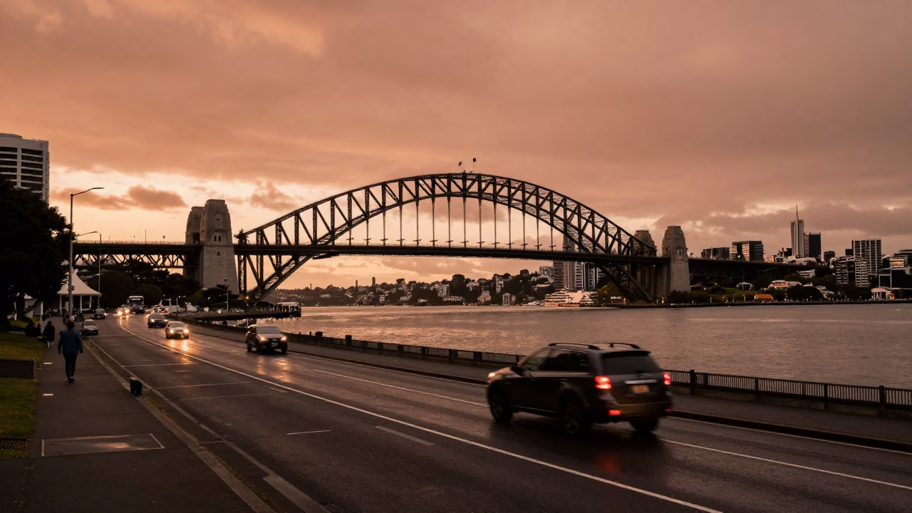 Copper-Toned Evening Light Over Auckland New Zealand Harbour Bridge and Urban Streets in in Auckland, New Zealand