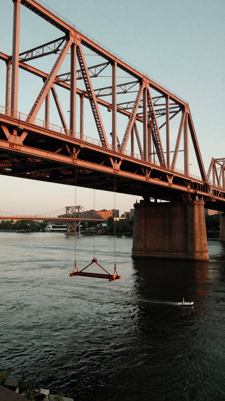 Copper Toned Evening Light Over Schuylkill River Bridge Maintenance Cradle and Urban Philadelphia Skyline in in Philadelphia, Pennsylvania, United States