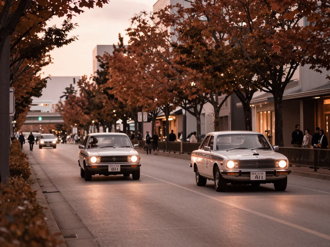 Copper Toned Evening Sapporo Street Scene with Vintage Cars and Persimmons in in Sapporo, Japan