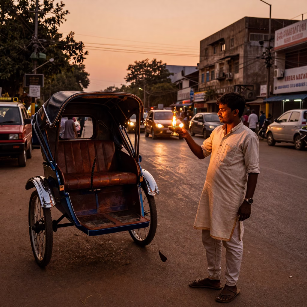Copper Toned Evening Street Scene in Hyderabad India with Traditional Oil Lamp in in Hyderabad, India