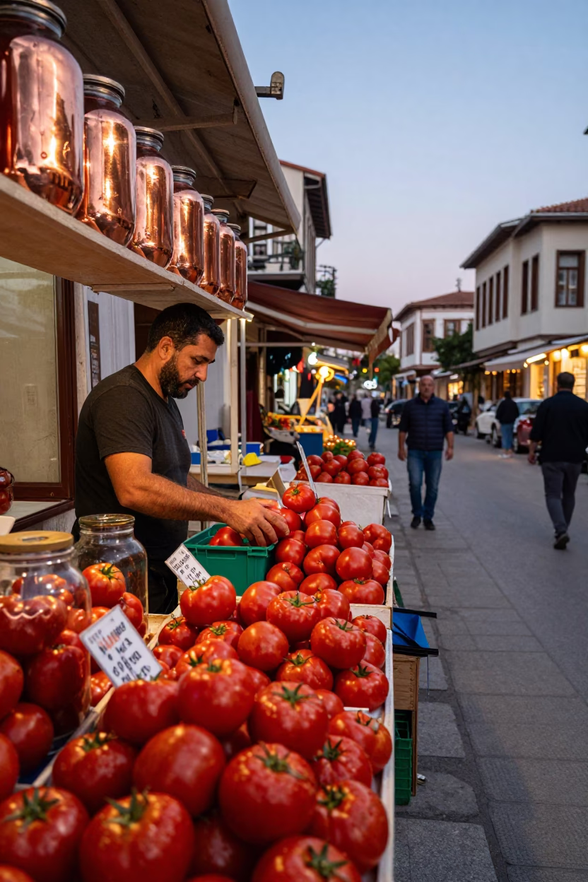 Copper Toned Evening Street Scene in Izmir Turkey with Fresh Tomatoes in in Izmir, Turkey