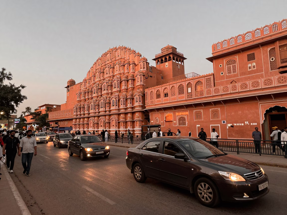 Copper Toned Evening Street Scene in Jaipur India with Hotel Reflections in in Jaipur, India