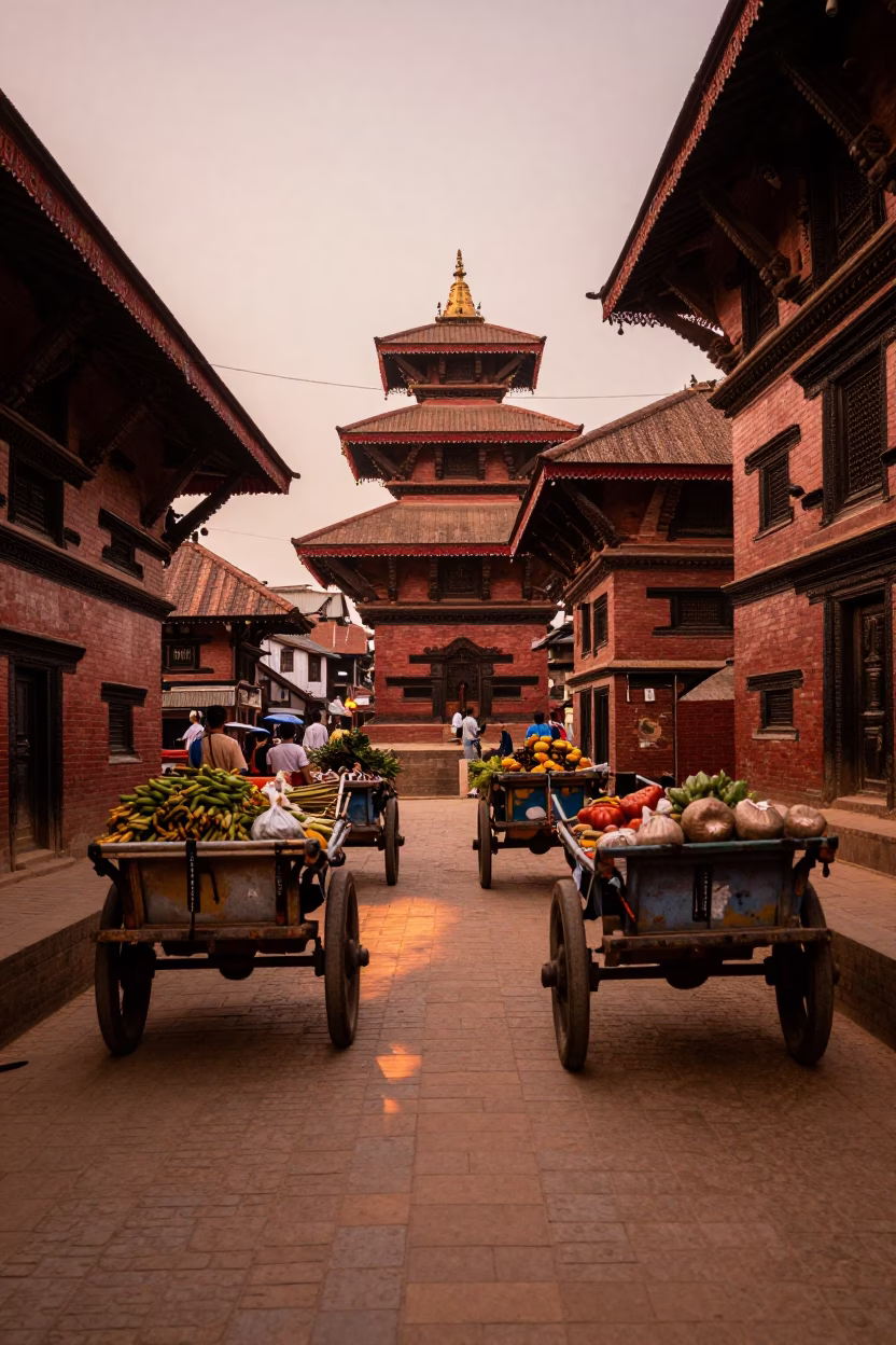 Copper-toned evening street scene in Kathmandu Nepal with rolling carts and local vendors in in Kathmandu, Nepal