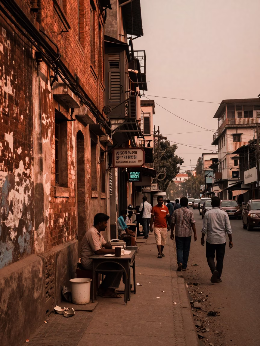 Copper-Toned Evening Street Scene in Kolkata India with Vendor and Pedestrians in in Kolkata, India