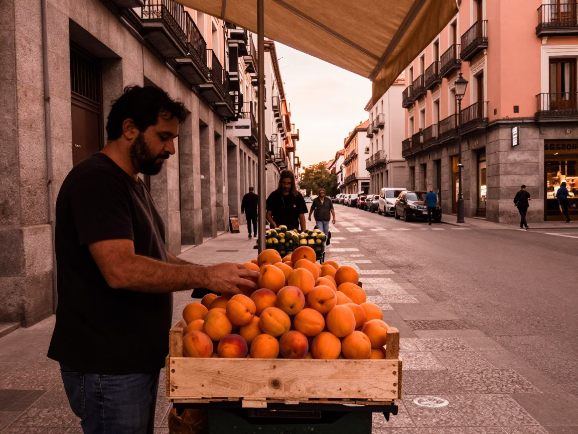 Copper Toned Evening Street Scene in Madrid Spain with Apricots and Faceted Glass Light in in Madrid, Spain