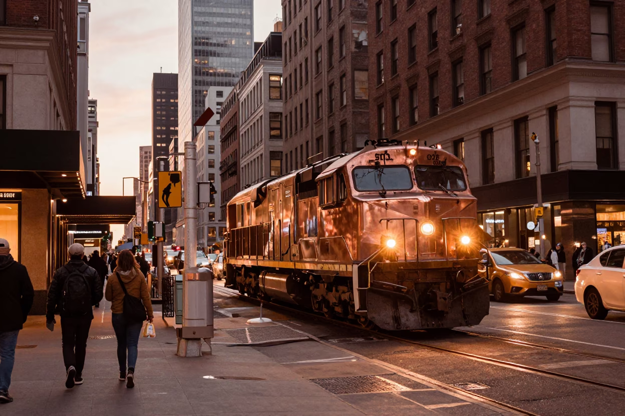 Copper Toned Evening Street Scene in New York City with Locomotive and Bridge in in New York, New York, United States