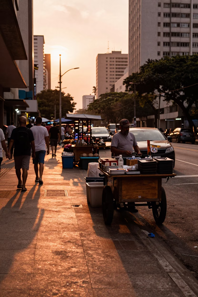 Copper-Toned Evening Street Scene in São Paulo Brazil with Local Market Goods in in São Paulo, Brazil
