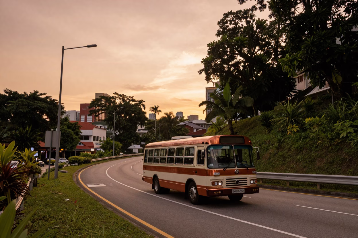 Copper-Toned Evening Street Scene in Singapore with Classic Bus and Local Details in in Singapore, Singapore