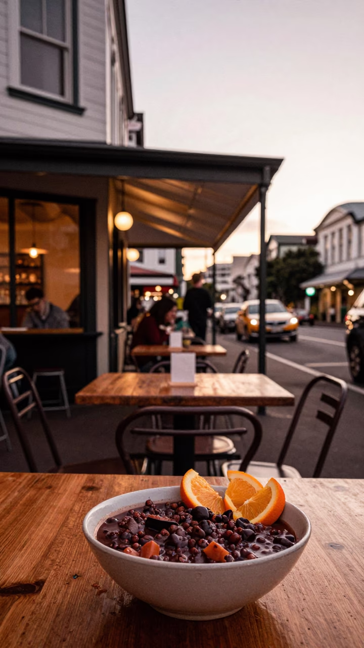 Copper Toned Evening Street Scene in Wellington New Zealand with Local Dining Details in in Wellington, New Zealand