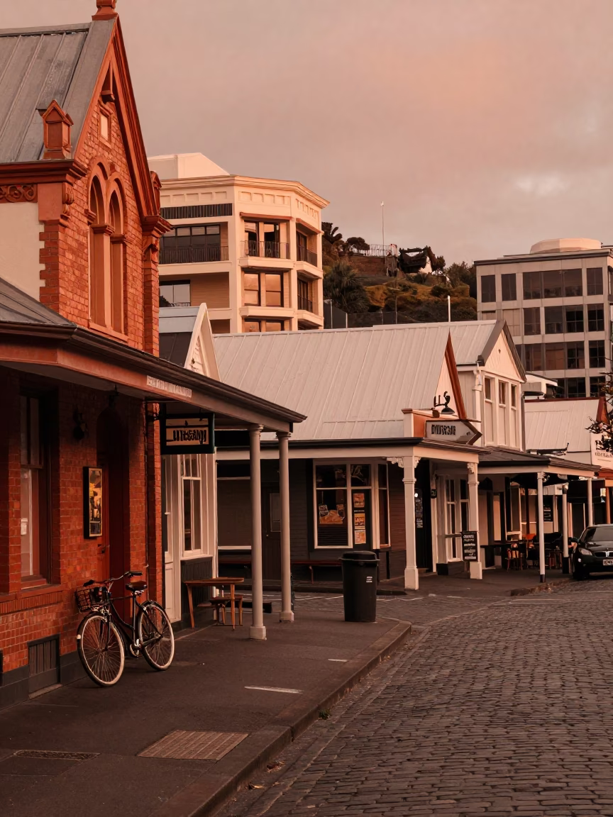 Copper-Toned Evening Street Scene in Wellington New Zealand with Vintage Details in in Wellington, New Zealand
