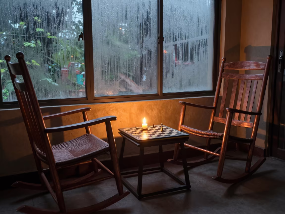 Copper Toned Fireside Chess on Dhaka Porch in on a porch with a rocking chair near Dhaka