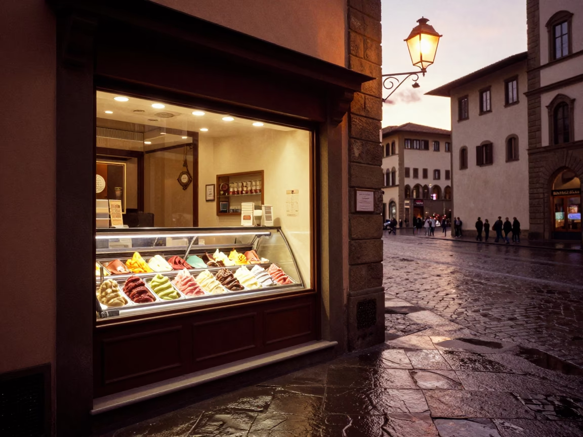 Copper-Toned Florence Dusk Gelato Display Window and Wet Cobblestone Street Scene in in Florence, Italy