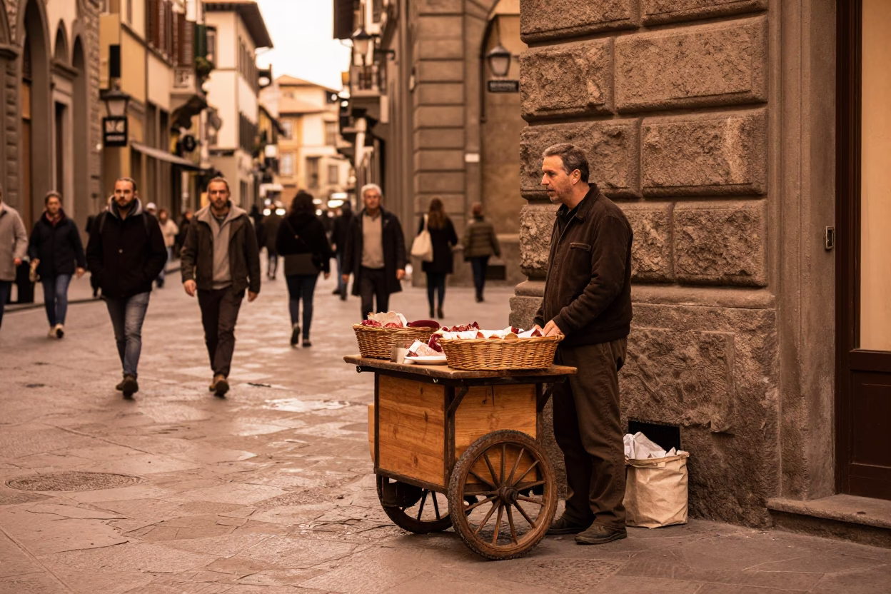 Copper-toned Florence street scene with wicker basket and charcuterie at dusk in in Florence, Italy