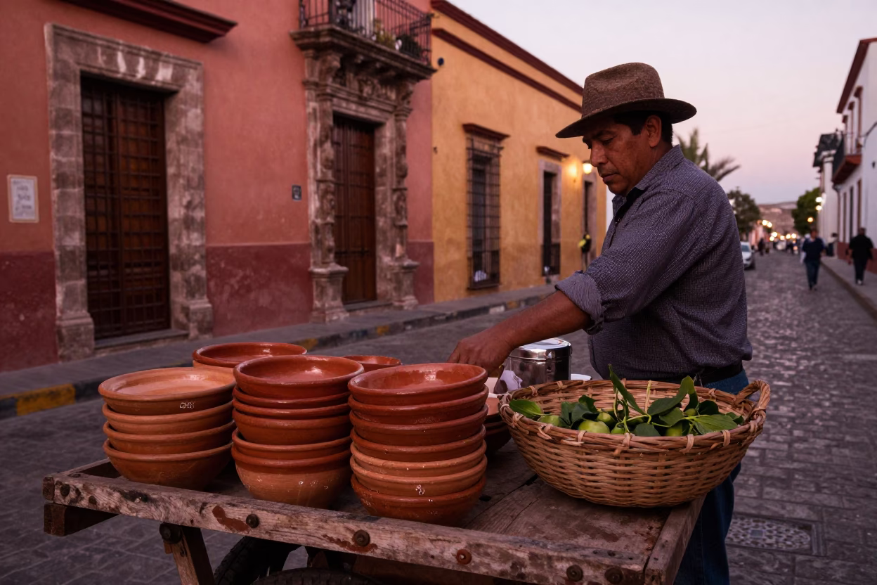 Copper-Toned Guadalajara Street Scene with Terracotta Bowl and Basket Before Dusk in in Guadalajara, Mexico