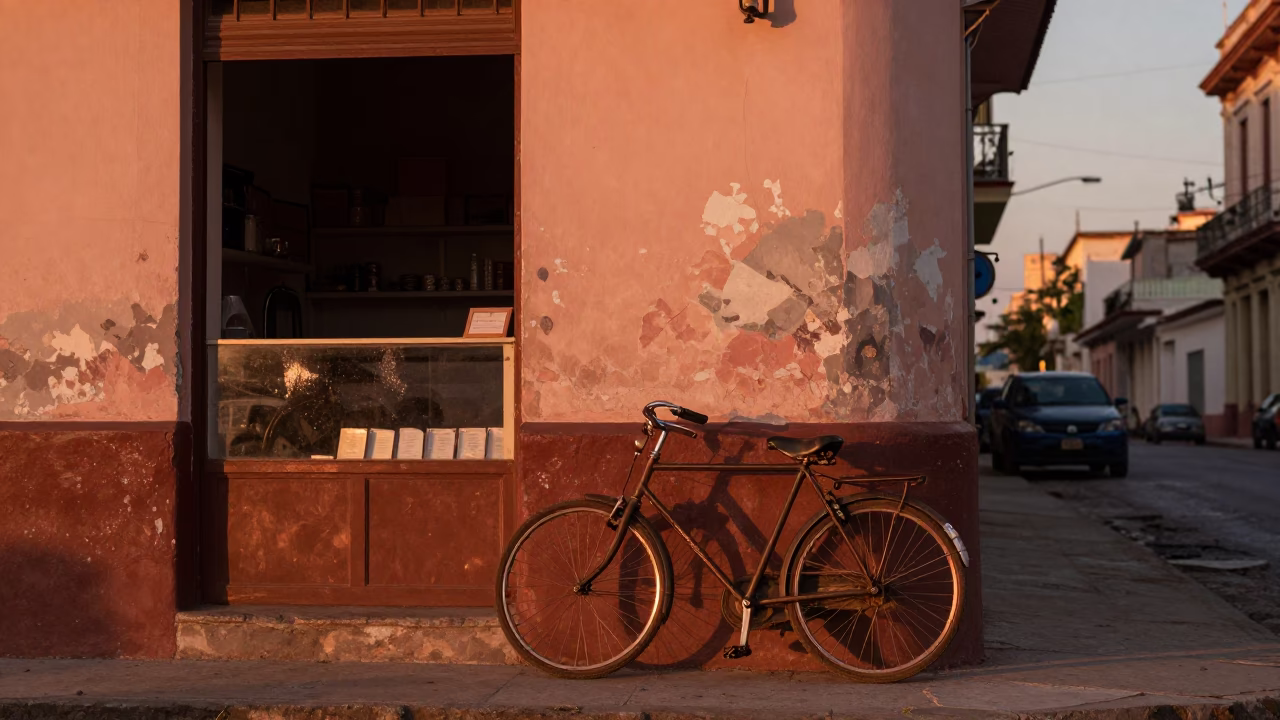 Copper-toned Havana Dusk Bicycle Propped Against Bakery with Water Beads on Fruit in in Havana, Cuba