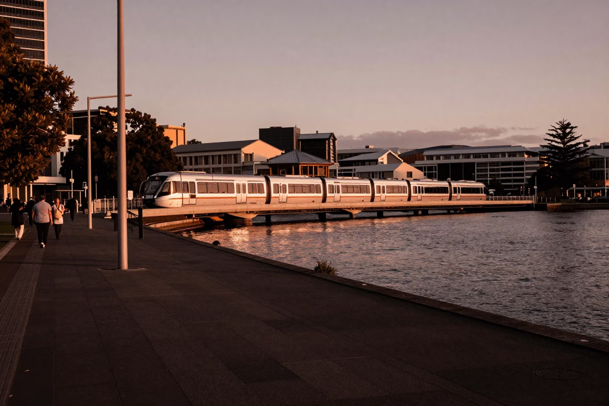 Copper Toned Hobart Dusk View of Monorail and River Waterfront in in Hobart, Tasmania, Australia