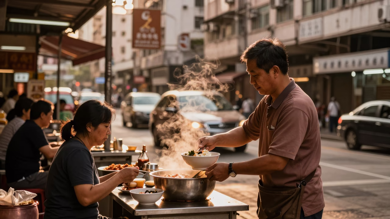 Copper-Toned Hong Kong Street Scene with Traditional Food and Urban Details in in Hong Kong, Hong Kong
