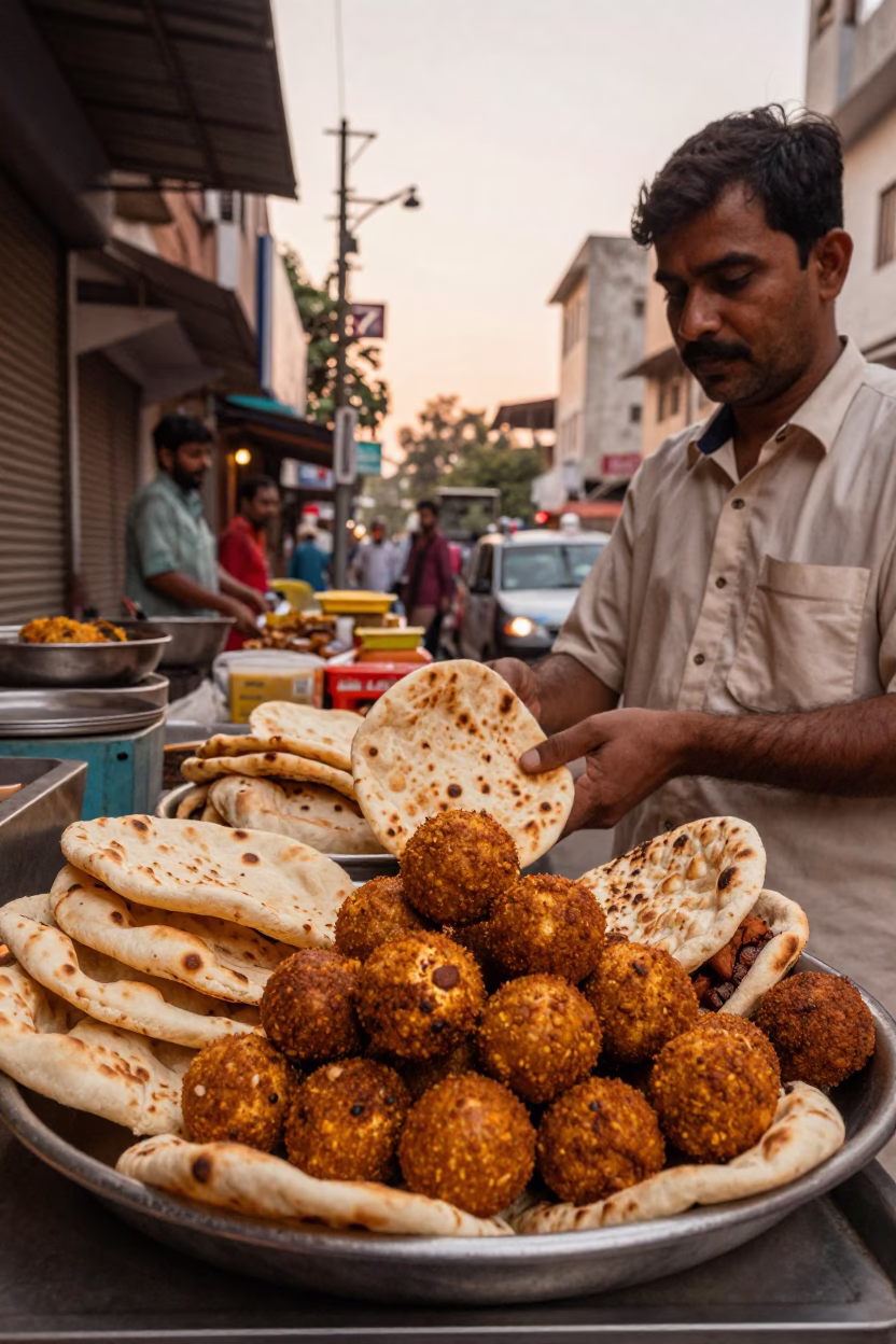 Copper Toned Hyderabad Street Scene with Falafel Pita and Tahini Before Dusk in in Hyderabad, India