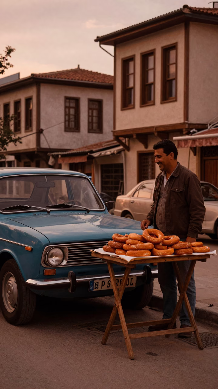 Copper-toned Izmir Dusk Street Scene with Vintage Car and Local Interaction in in Izmir, Turkey