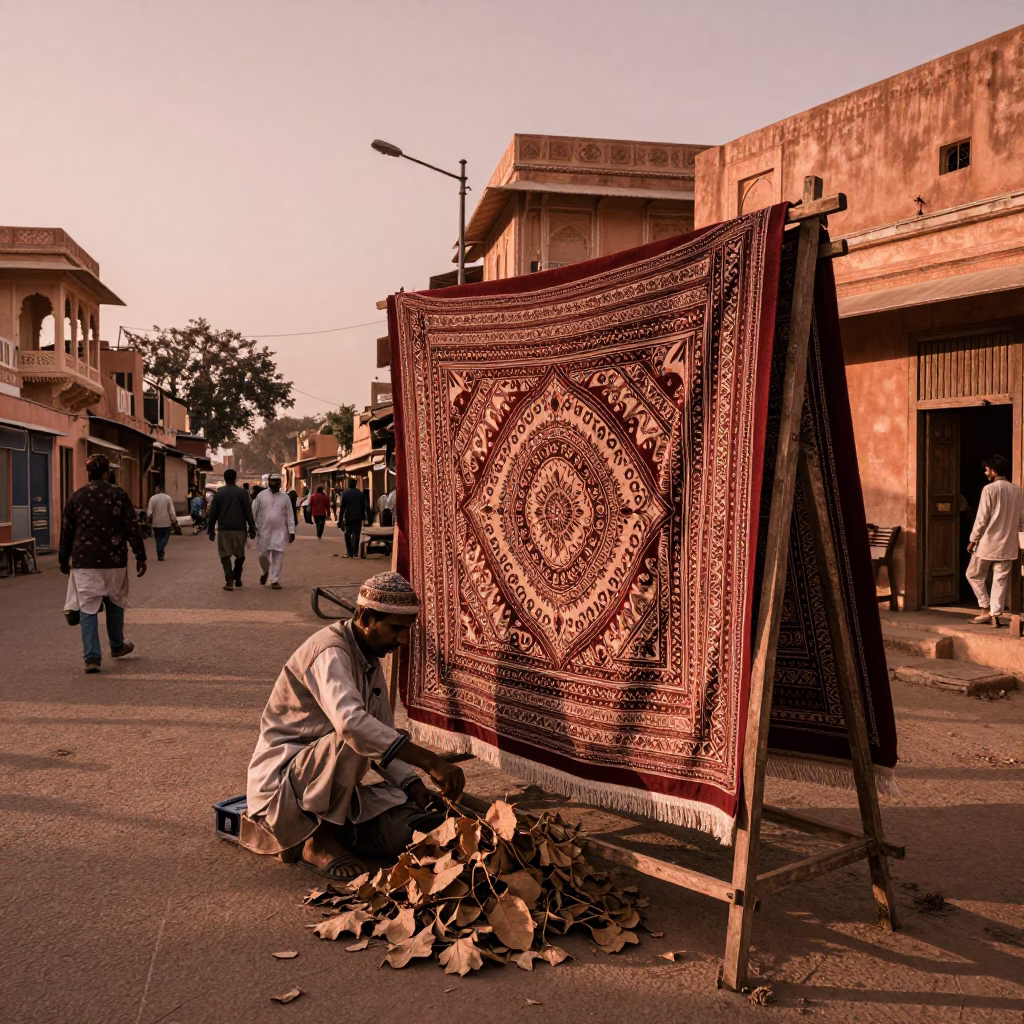 Copper-toned Jaipur street scene with tapestry vendor and leaf shadows on mirror edge in in Jaipur, India