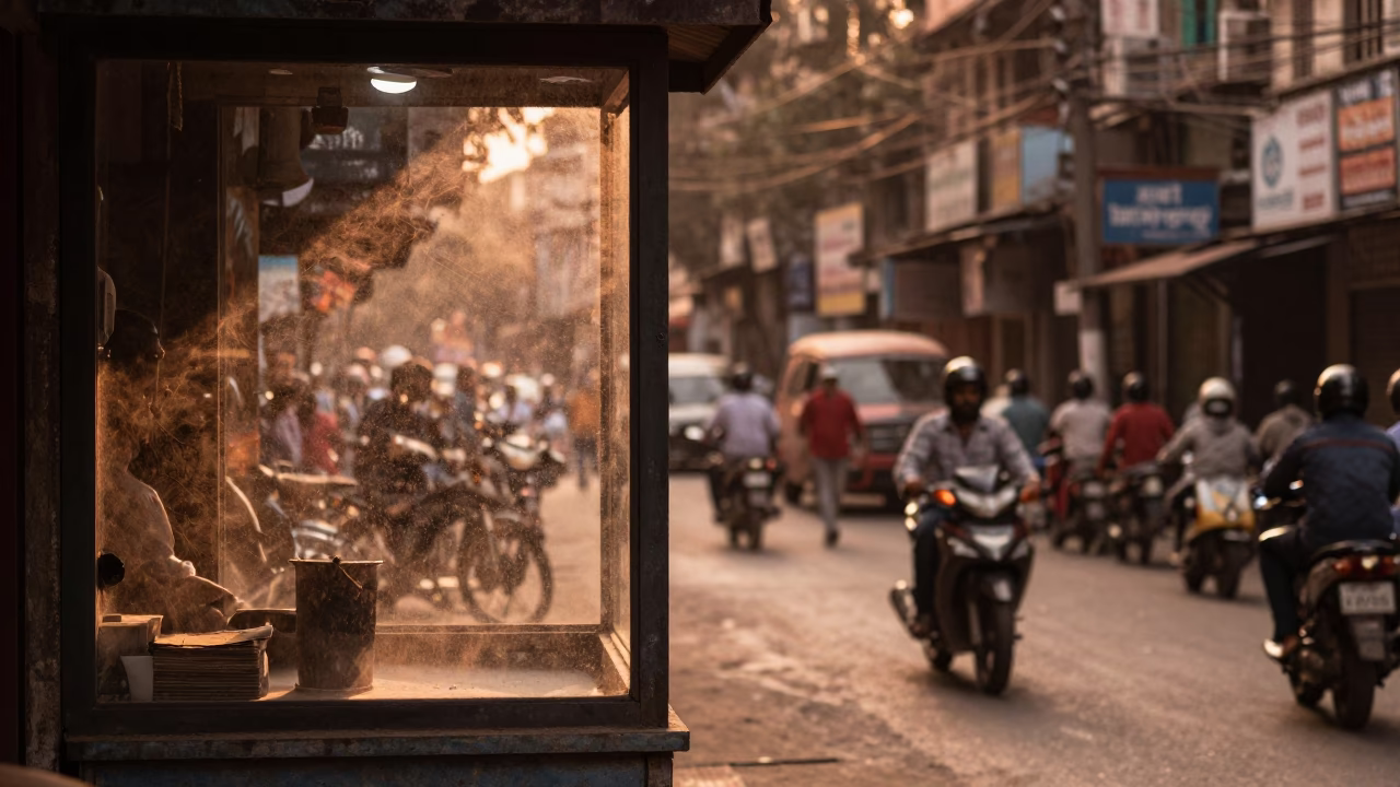 Copper-Toned Kolkata Street Scene Before Dusk with Dust on Window Glass in in Kolkata, India