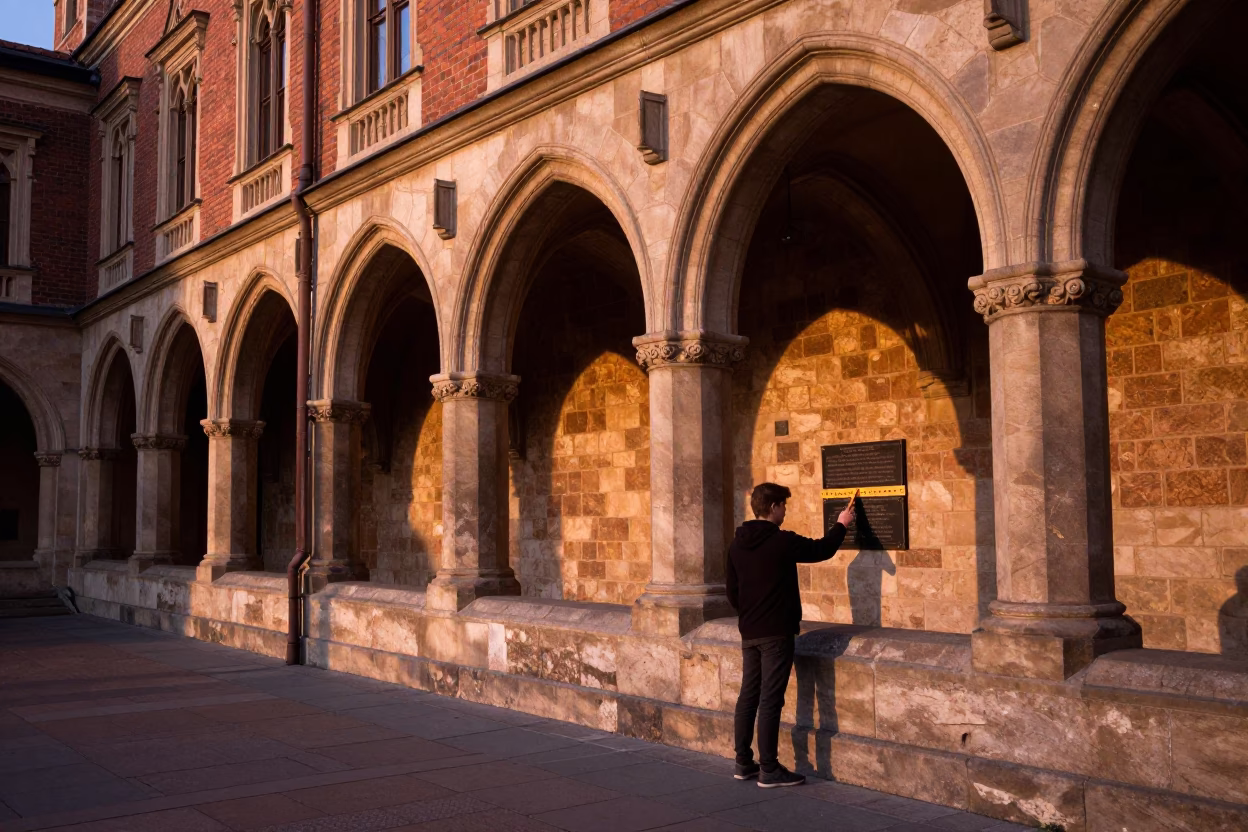 Copper-Toned Krakow University Cloister Walkway Before Dusk in in Krakow, Poland