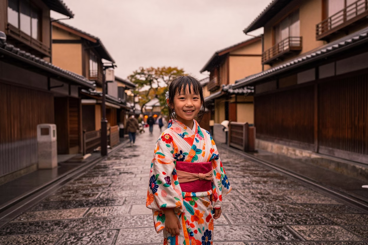 Copper Toned Kyoto Dusk Street Scene with Traditional Architecture and Local Life in in Kyoto, Japan