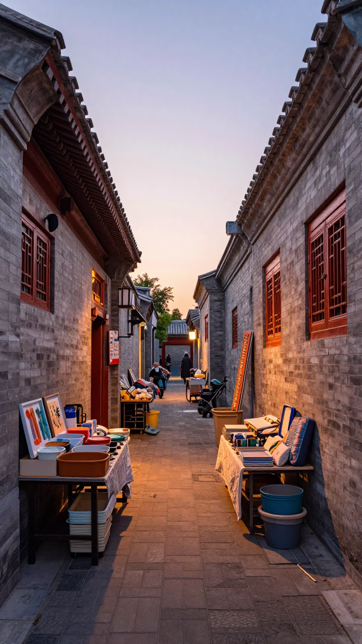 Copper-toned Light Before Dusk on Alleyway Stalls in Beijing in in Beijing, China
