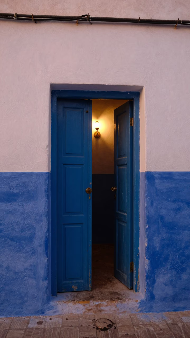 Copper-toned Light Before Dusk on Blue Walls in Essaouira in in Essaouira, Morocco