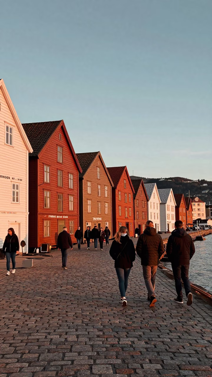 Copper-toned Light Before Dusk on Bryghan Wharf in Bergen in in Bergen, Norway
