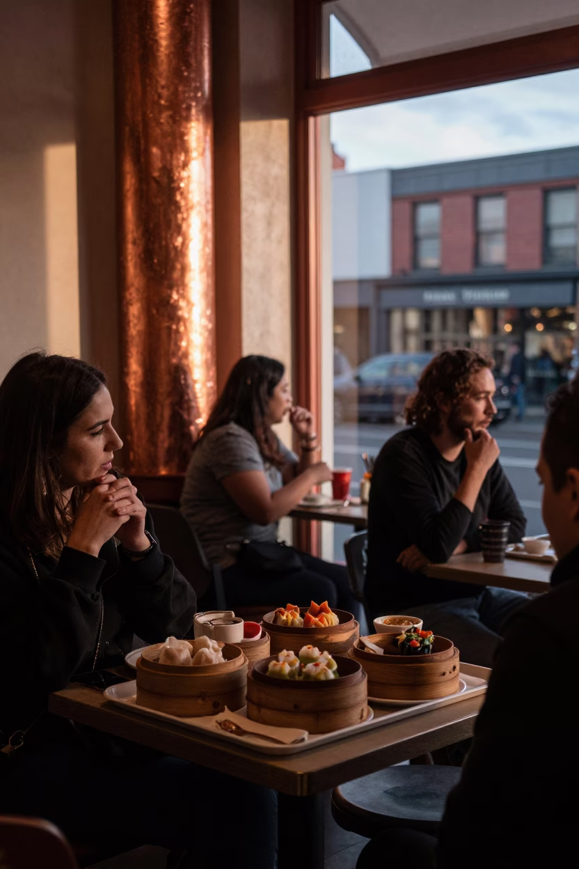Copper-toned Light Before Dusk on Cafe Interior in Christchurch in in Christchurch, New Zealand