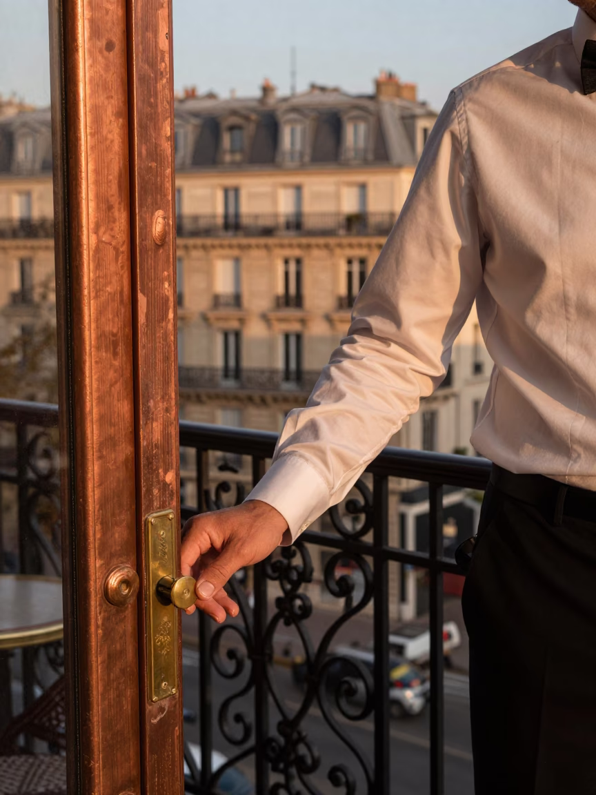 Copper-toned Light Before Dusk on Cafe Terrace in Paris in in Paris, France