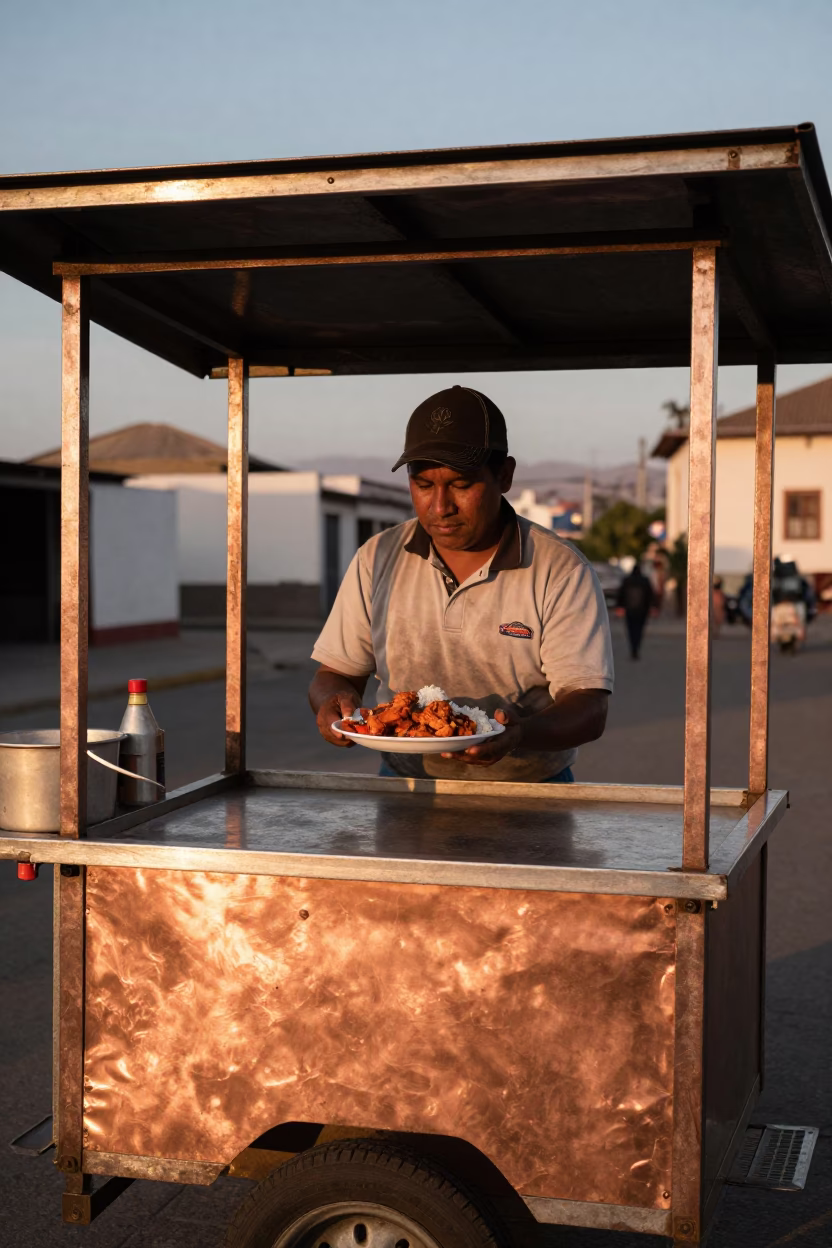 Copper-toned Light Before Dusk on Chicken Adobo in Lima in in Lima, Peru