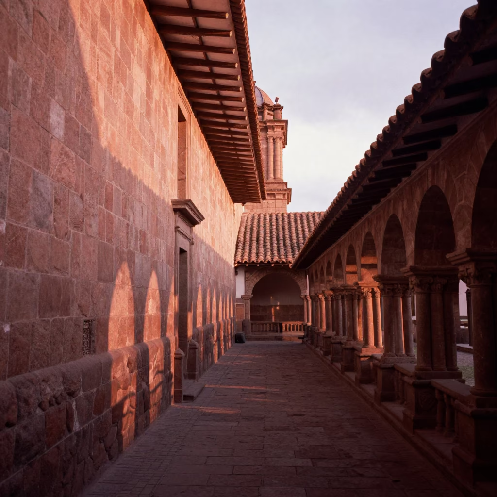 Copper-toned Light Before Dusk on Cloister Walkway in Cusco in in Cusco, Peru