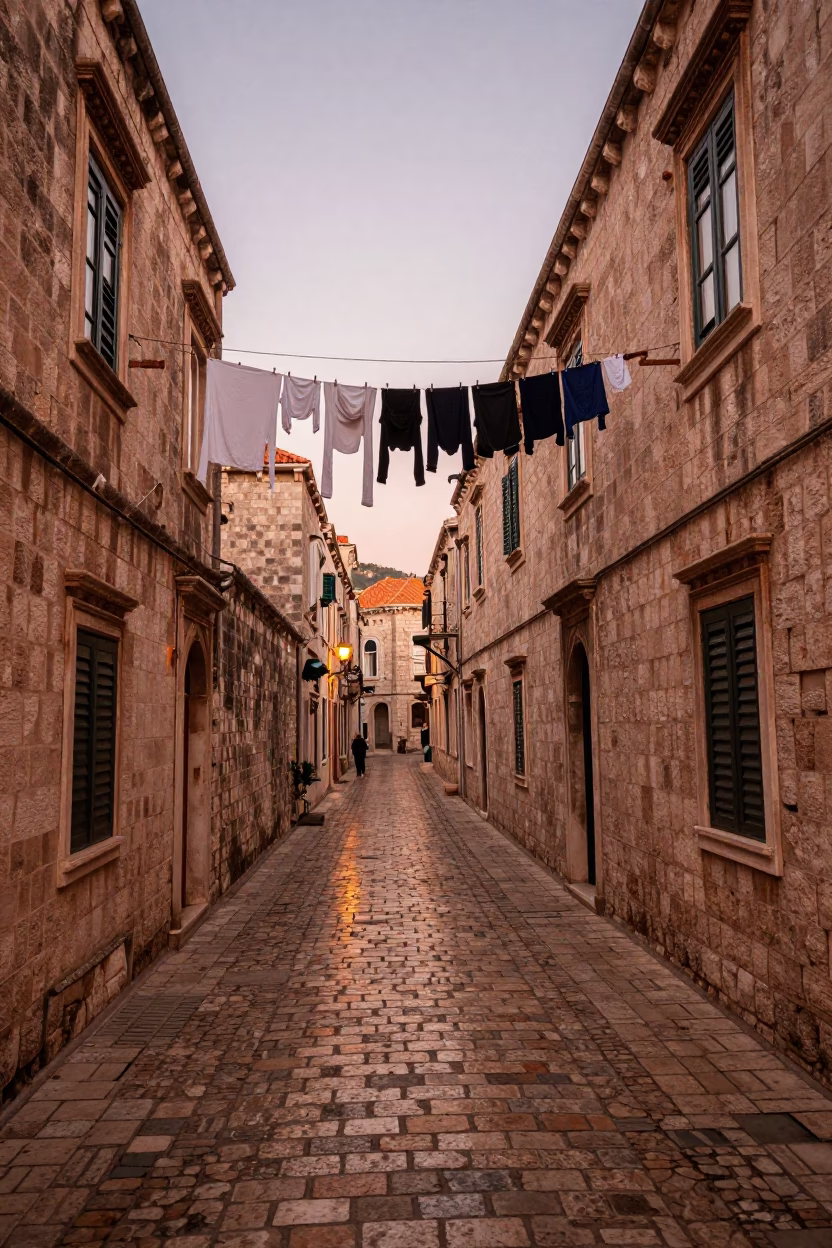 Copper-toned Light Before Dusk on Cobblestone Alleyway in Dubrovnik in in Dubrovnik, Croatia