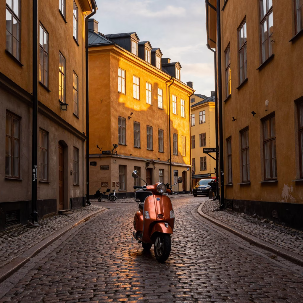 Copper-toned Light Before Dusk on Cobblestone Streets in Stockholm in in Stockholm, Sweden