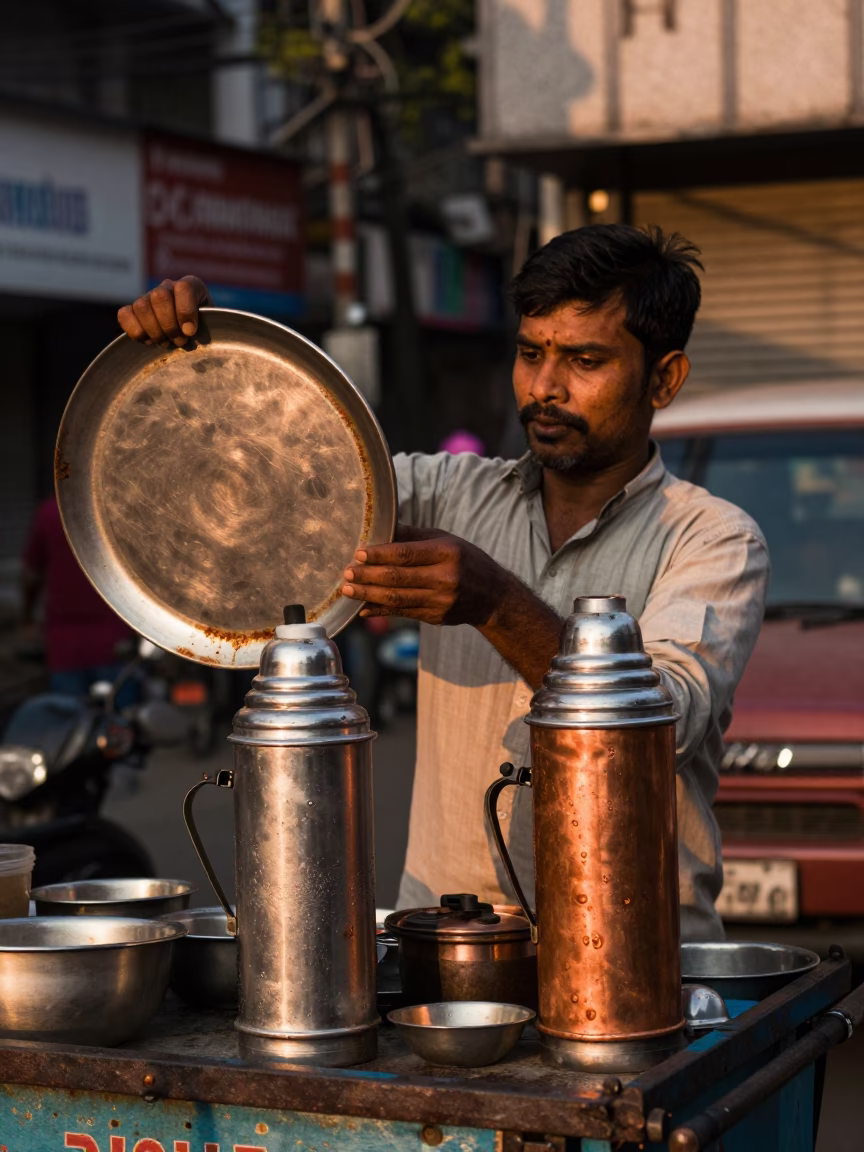 Copper-toned Light Before Dusk on Cooking Chai in Kolkata in in Kolkata, India