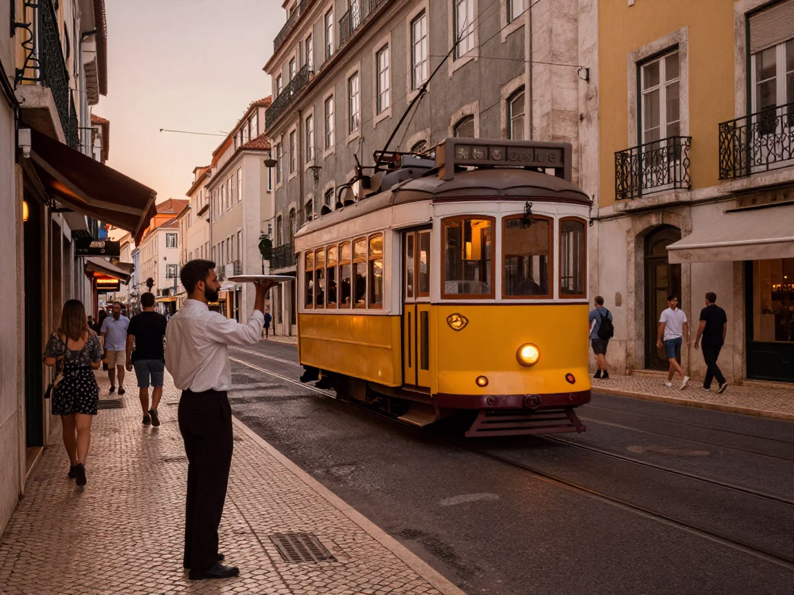 Copper-toned Light Before Dusk on Corner Cafe in Lisbon in in Lisbon, Portugal