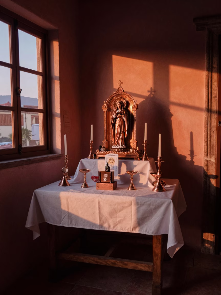 Copper-toned Light Before Dusk on Dead Altar Display in Oaxaca in in Oaxaca, Mexico