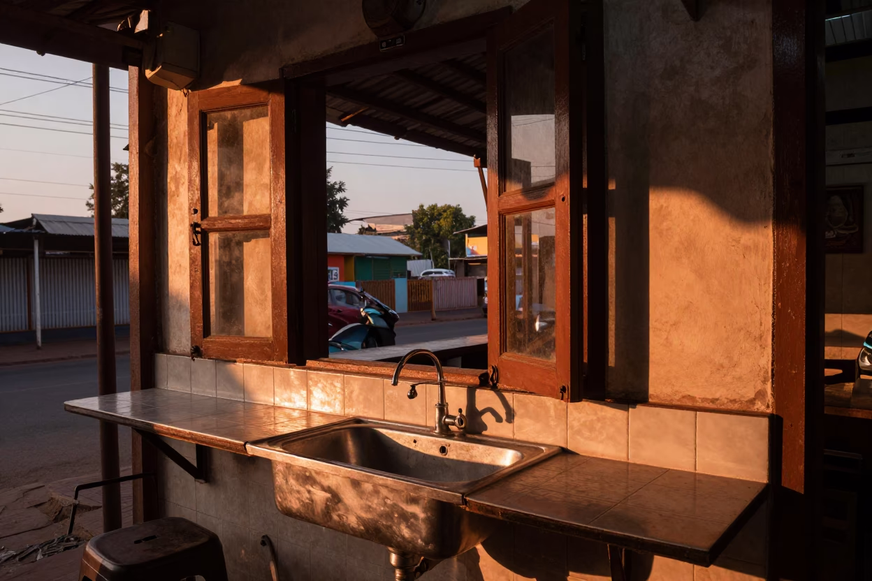 Copper-toned Light Before Dusk on Dhaba Interior in Mumbai in in Mumbai, India