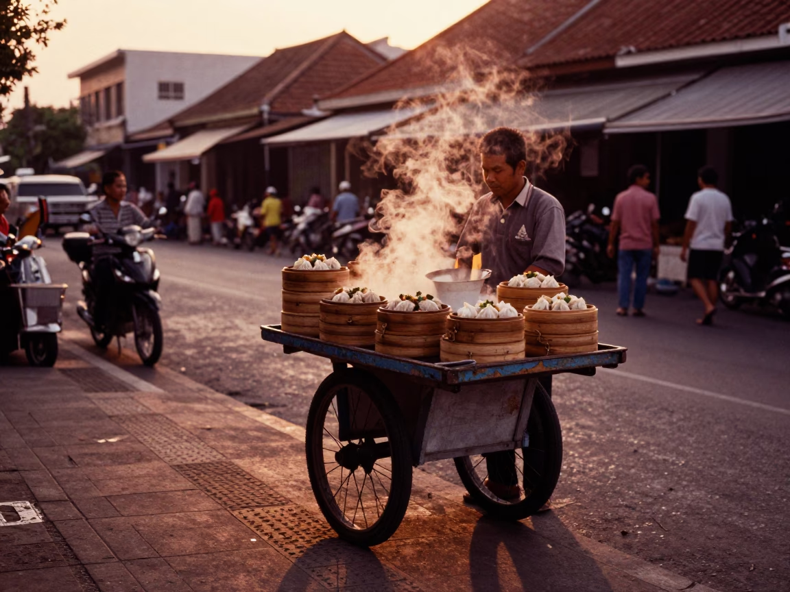 Copper-toned Light Before Dusk on Dim Sum in Denpasar in in Denpasar, Indonesia