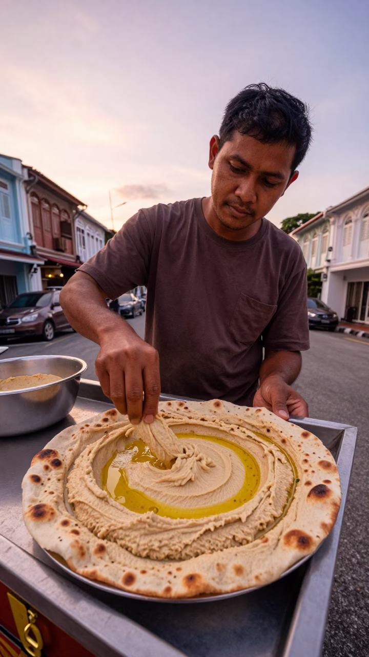 Copper-toned Light Before Dusk on Fresh Hummus in George Town in in George Town, Malaysia