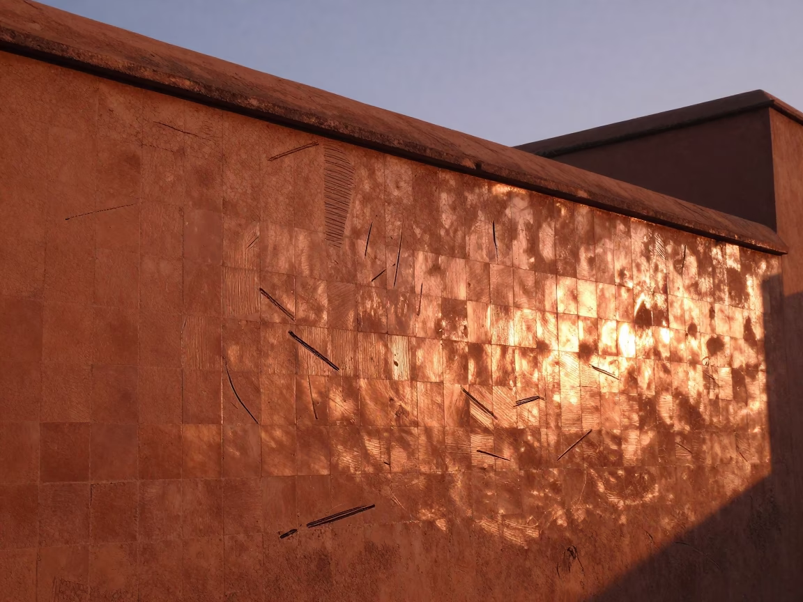 Copper-toned Light Before Dusk on Grout Scratches in Fez in in Fez, Morocco