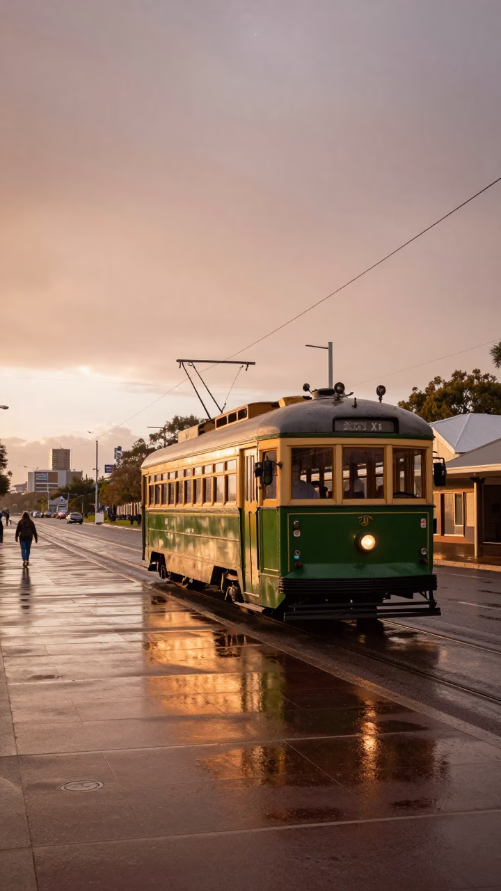 Copper-toned Light Before Dusk on Heritage Tram in Adelaide in in Adelaide, South Australia, Australia