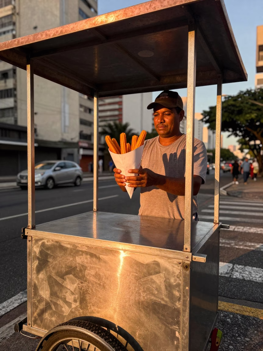 Copper-toned Light Before Dusk on Hot Churros in São Paulo in in São Paulo, Brazil
