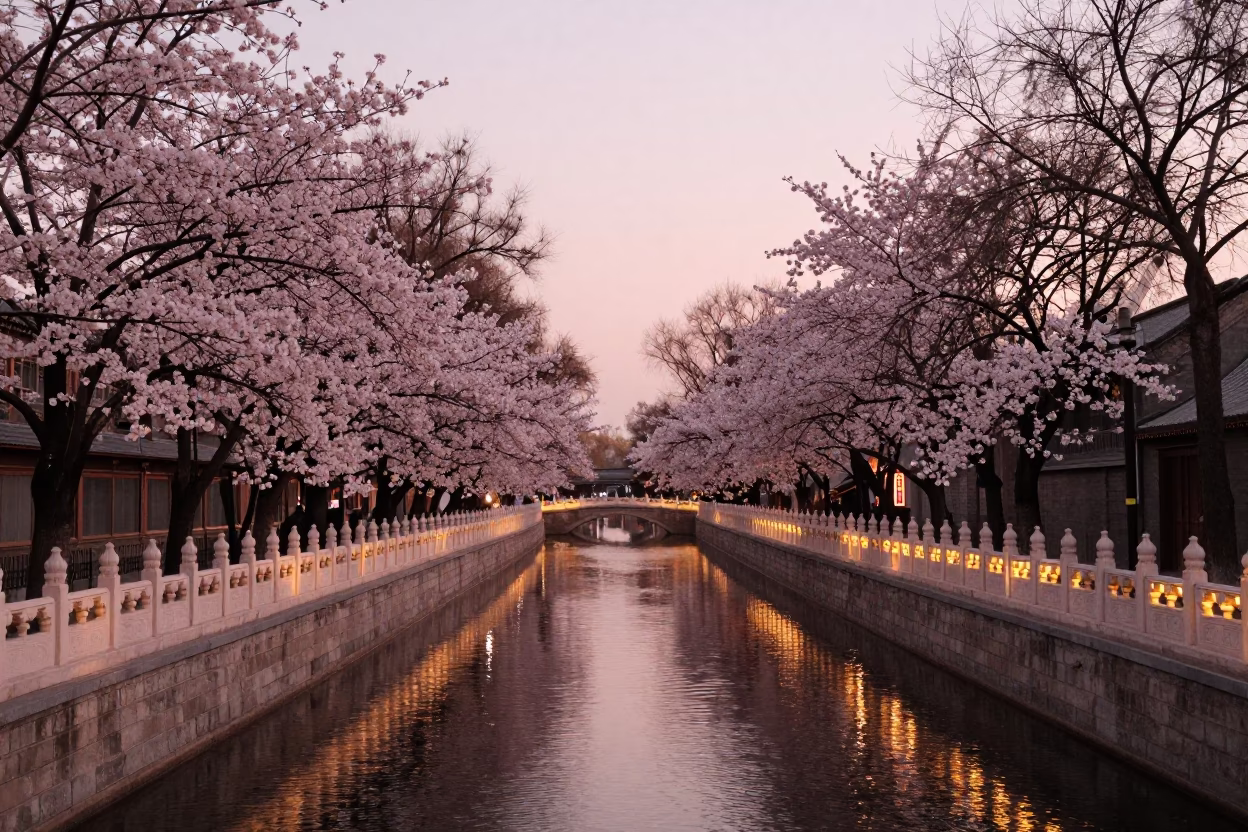Copper-toned Light Before Dusk on Illuminates Canal in Beijing in in Beijing, China