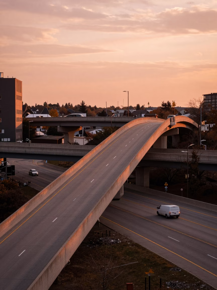 Copper-toned Light Before Dusk on Interchange Ramp in Toronto in in Toronto, Ontario, Canada