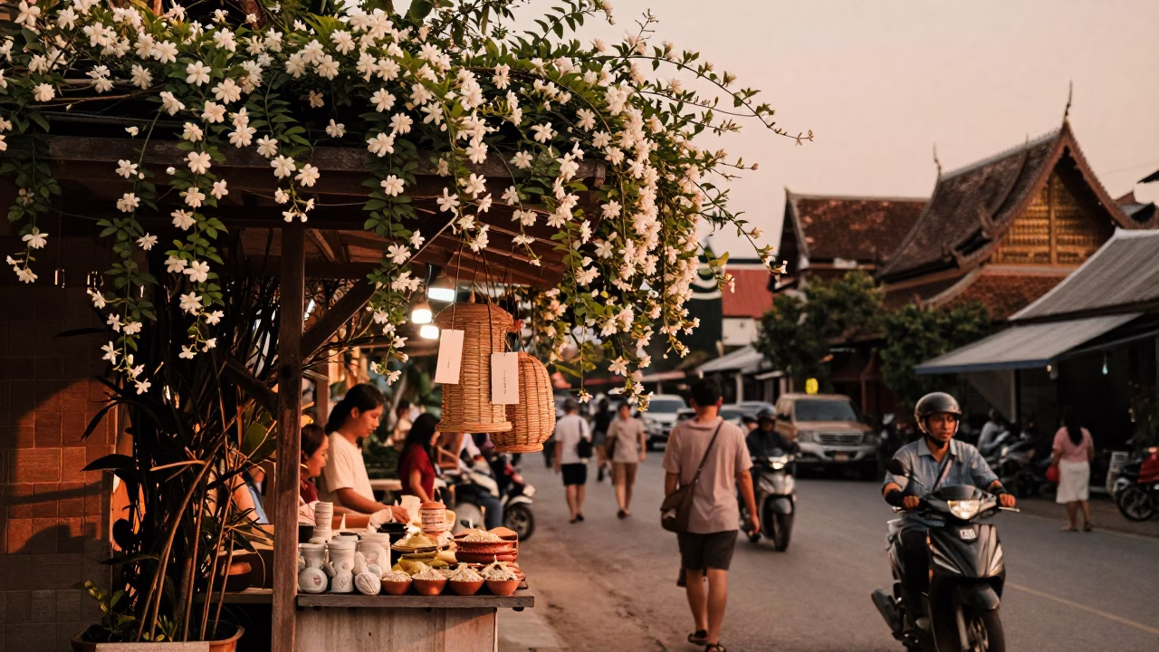 Copper-toned Light Before Dusk on Jasmine Tea in Chiang Mai in in Chiang Mai, Thailand