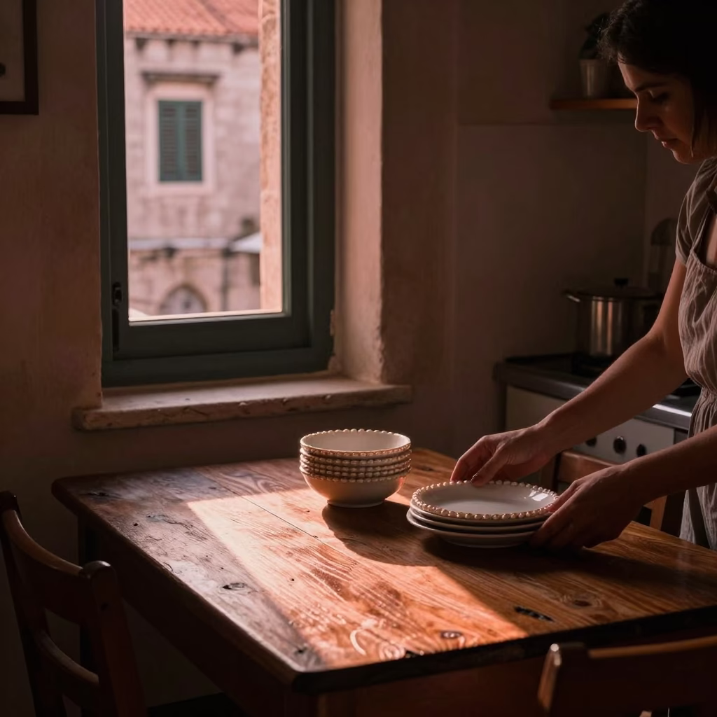Copper-toned Light Before Dusk on Kitchen Scene in Dubrovnik in in Dubrovnik, Croatia
