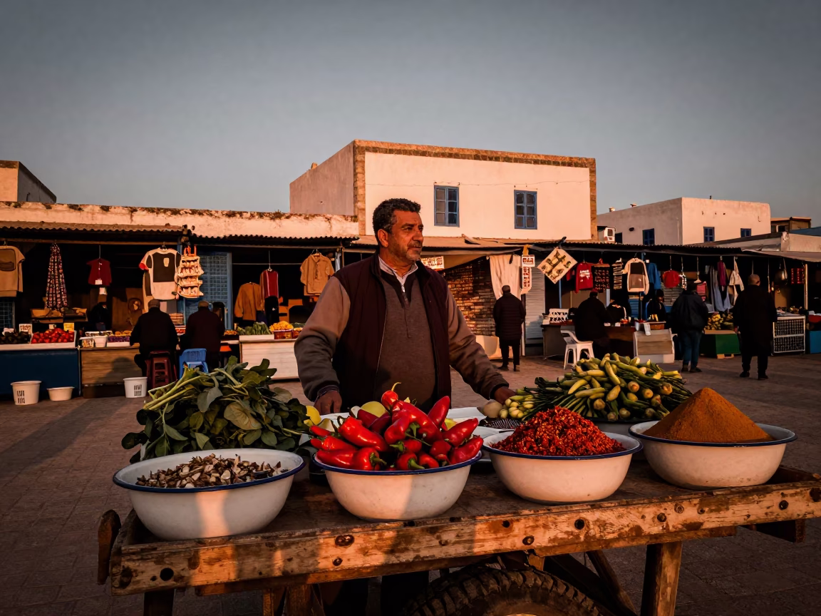 Copper-toned Light Before Dusk on Market Scene in Tunis in in Tunis, Tunisia